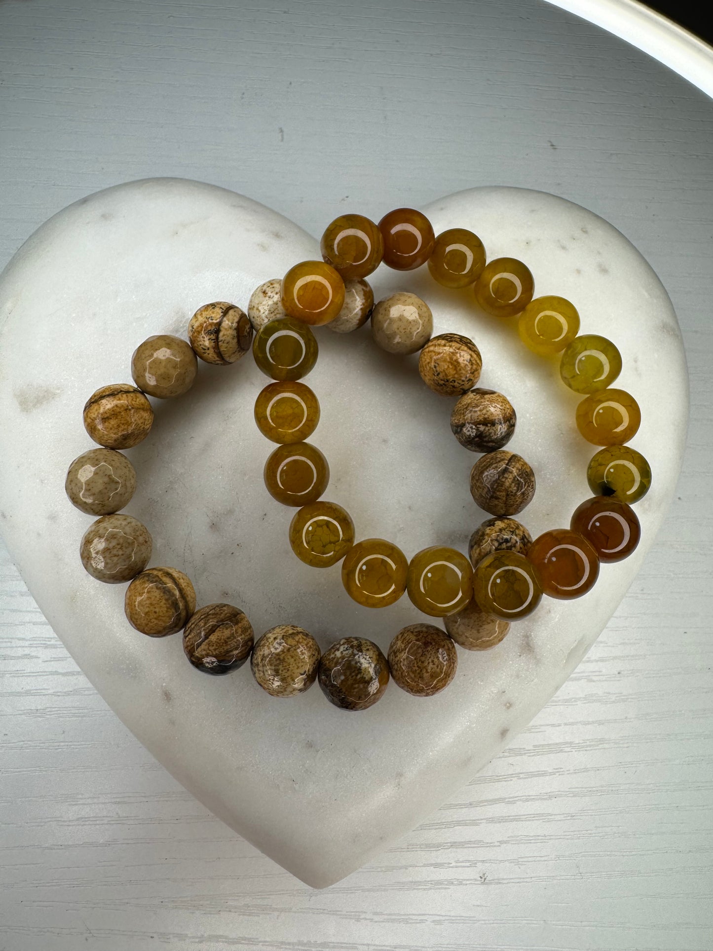 Round, yellow dragon vein, and Jasper tumble bracelet set