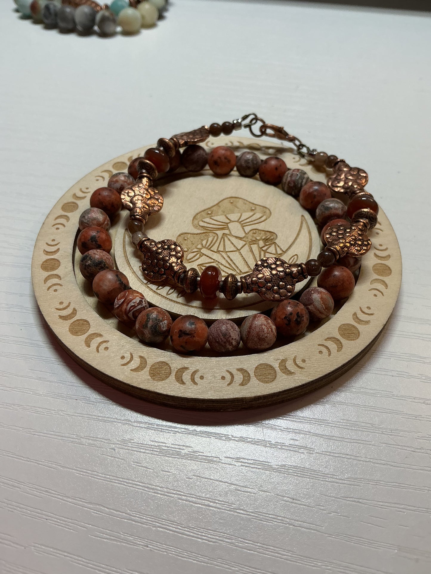 Custom-made one of a kind copper bracelet set with natural stones