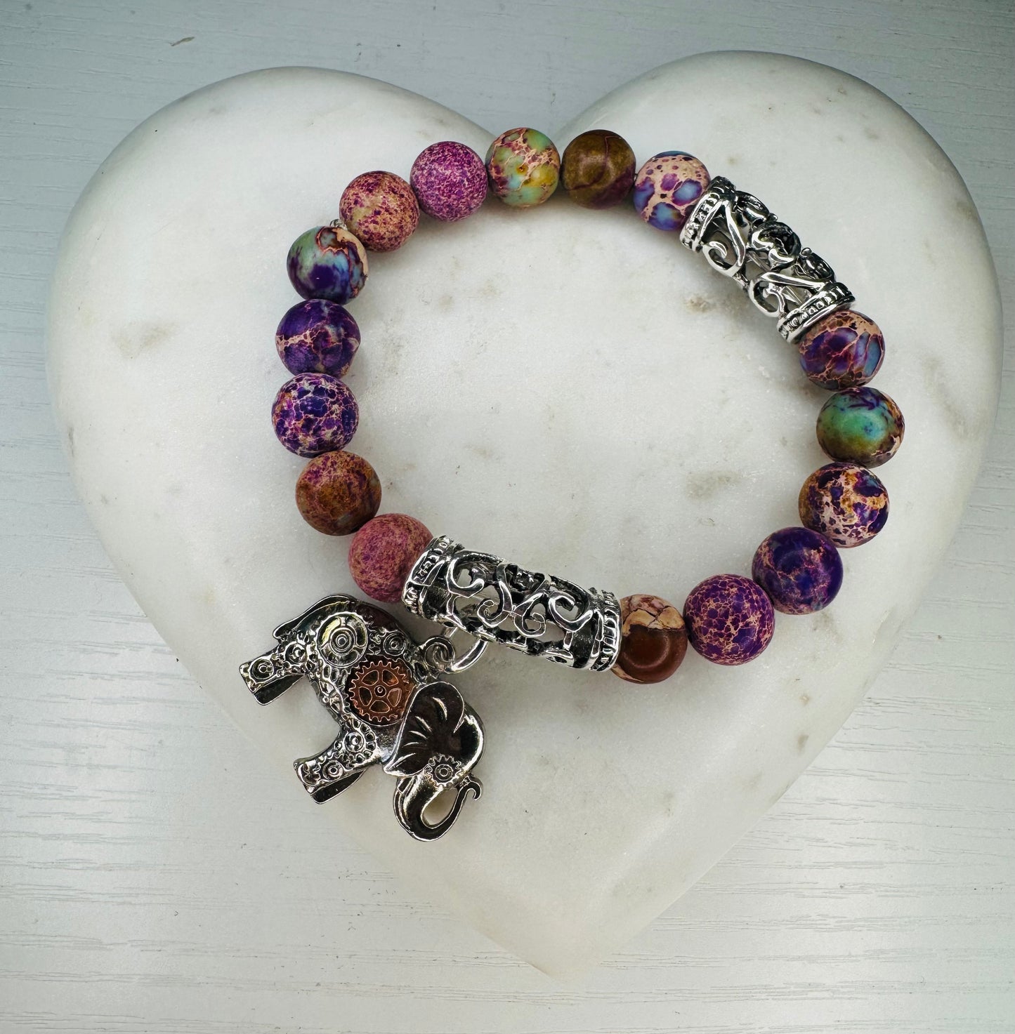 10mm Natural Purple Imperial Jasper with elephant charm