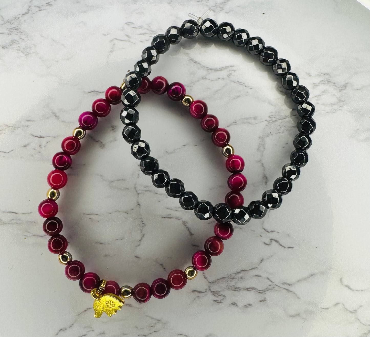 Natural stone bracelet set with good luck charm