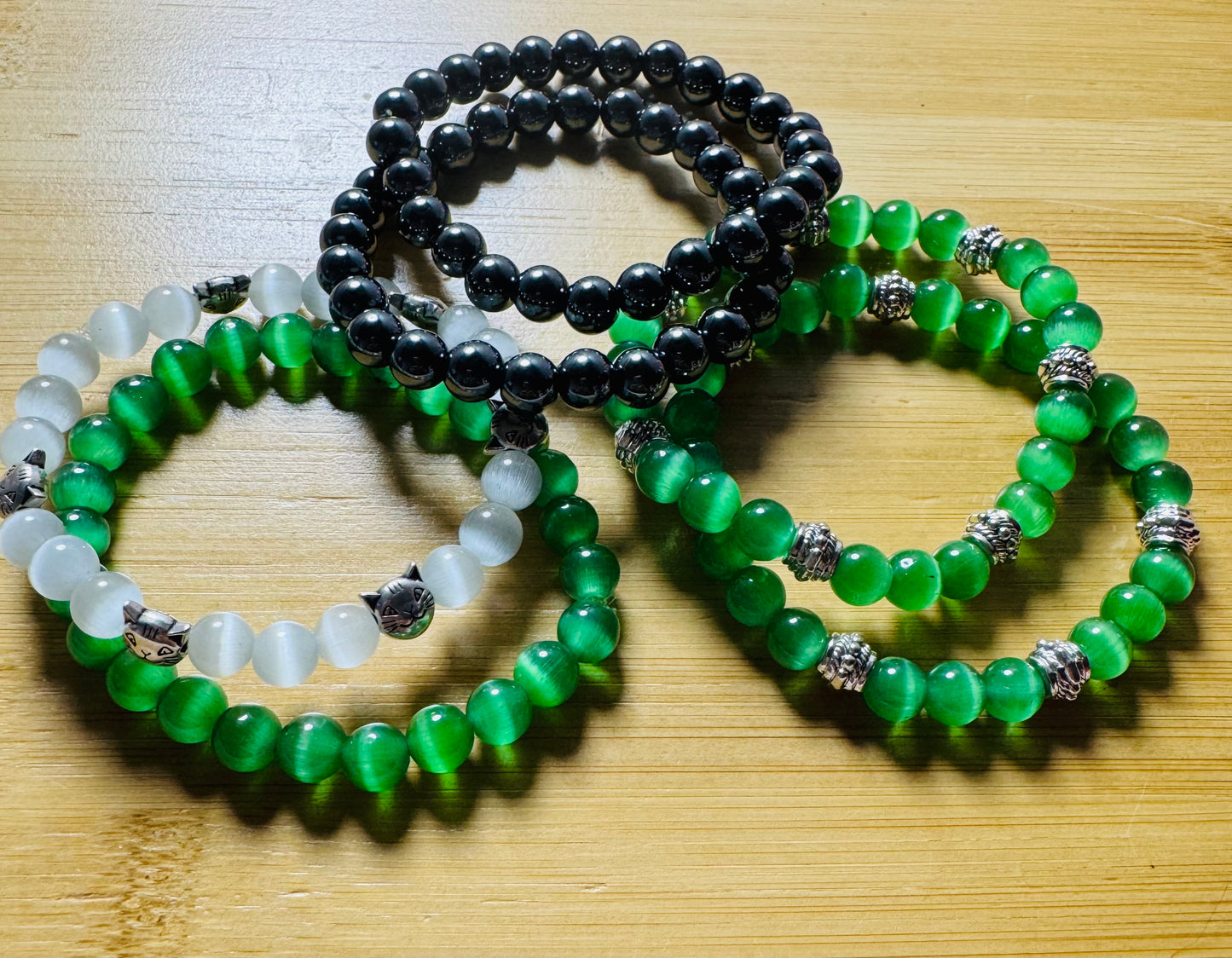7 piece bracelet set cat eye stones and hematite crystal bracelets with animal charms