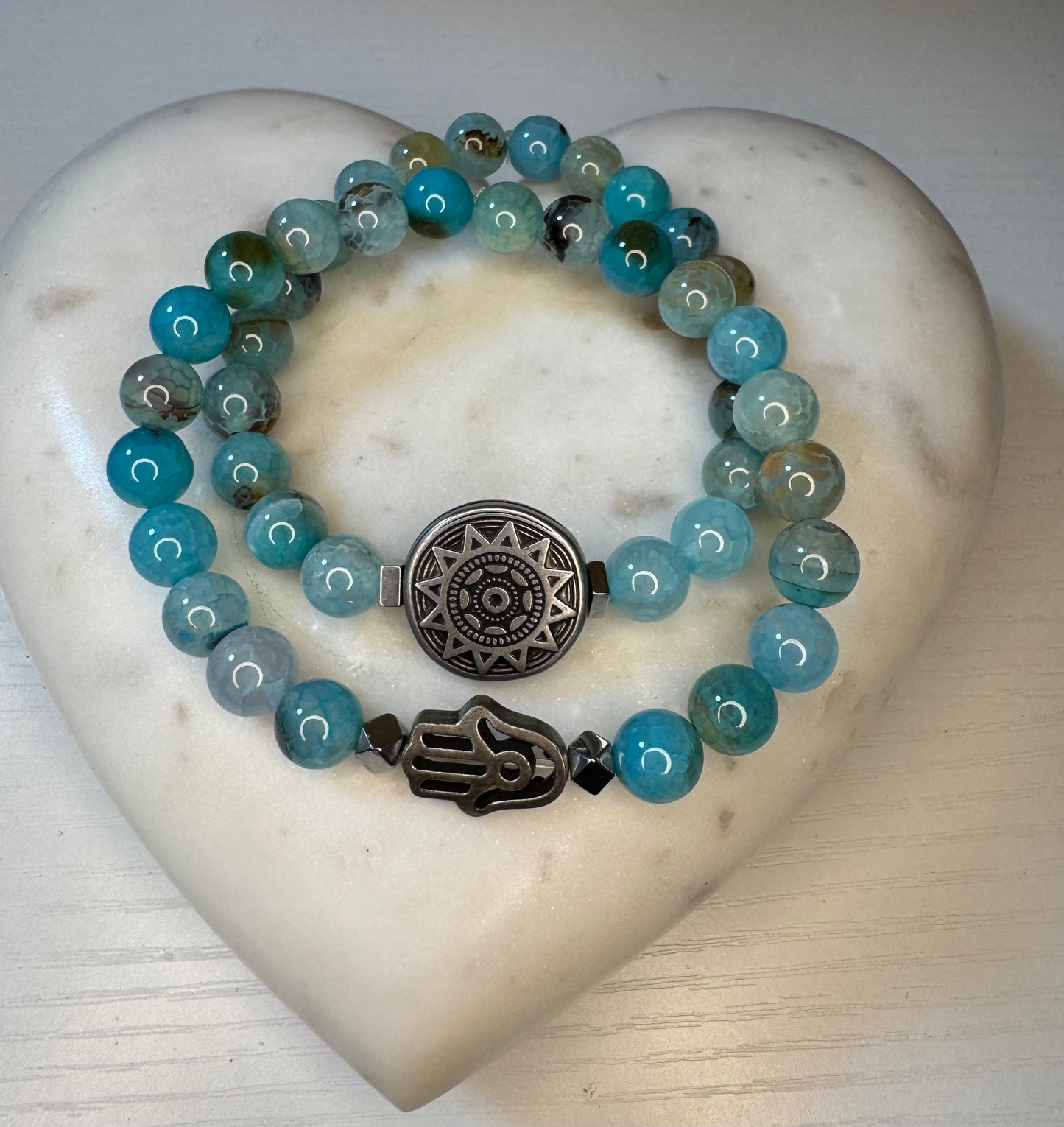 Aquamarine agate bracelet 8 mm beads set