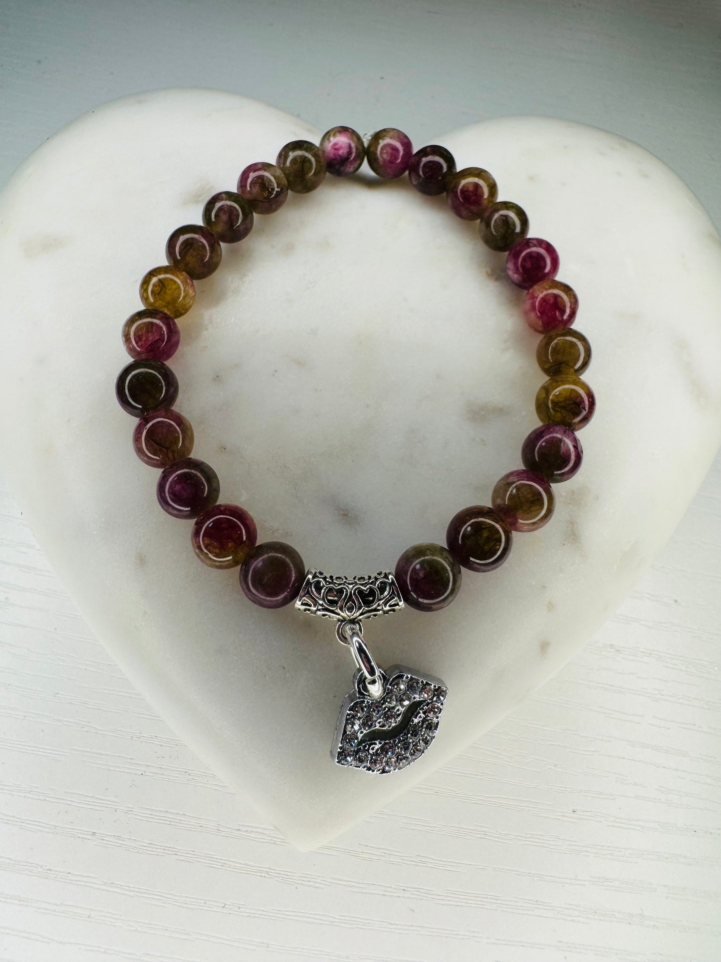 watermelon tourmaline beads with a lips charm