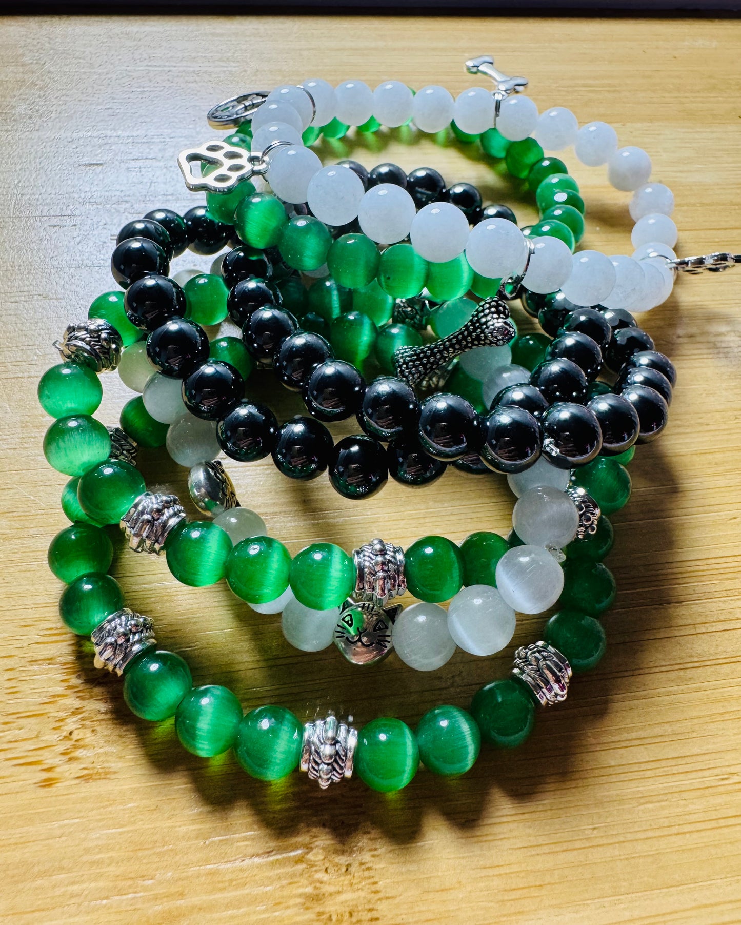 7 piece bracelet set cat eye stones and hematite crystal bracelets with animal charms