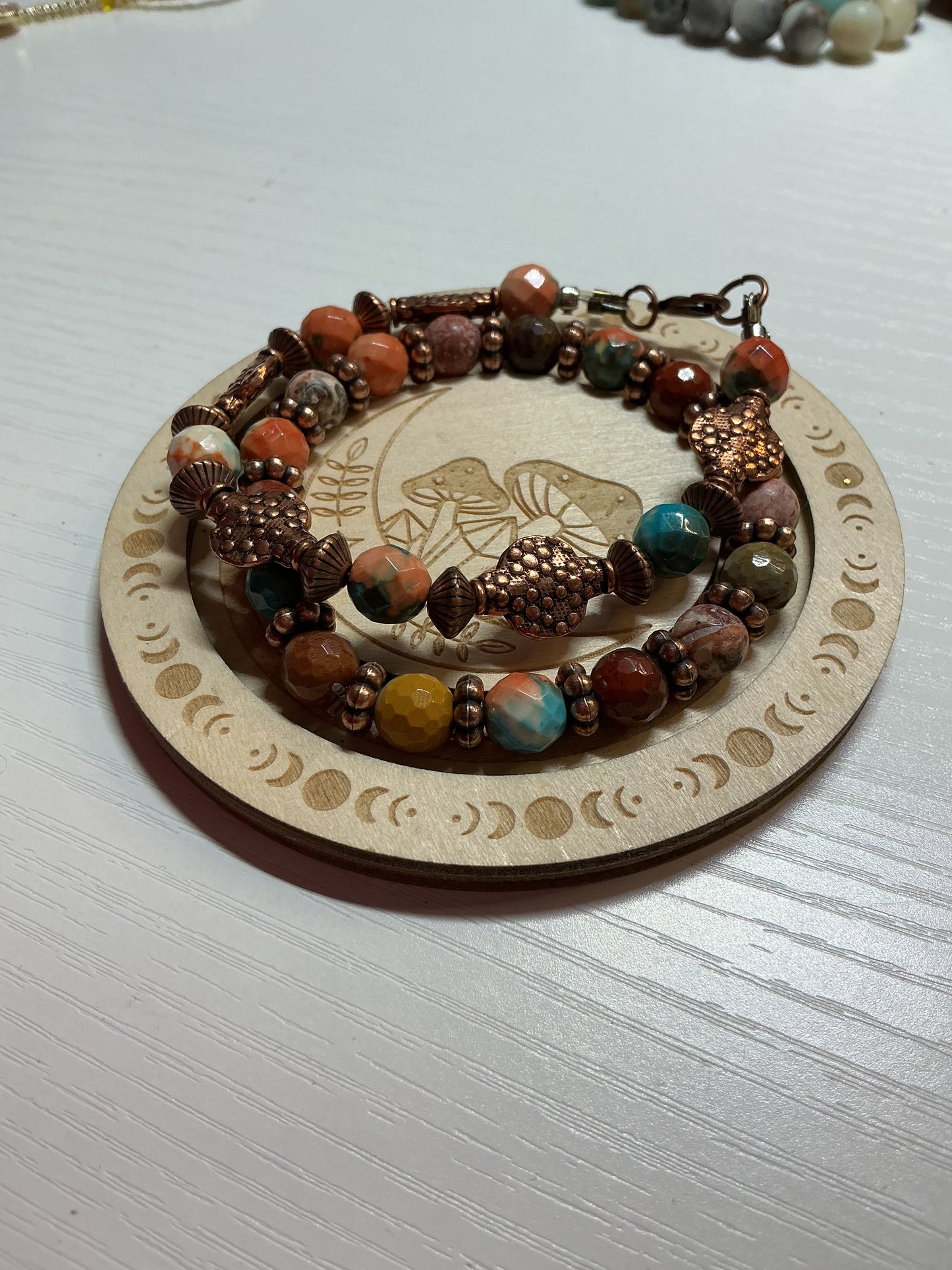 One of a kind, custom-made copper bracelet set with natural stones