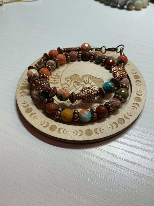 One of a kind, custom-made copper bracelet set with natural stones