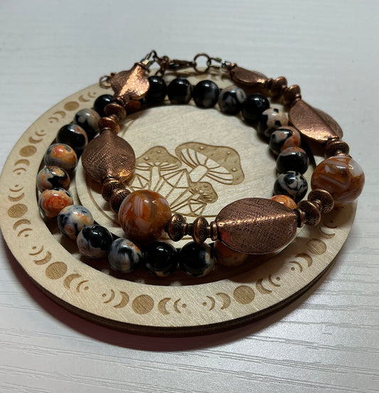 Custom-made one of a kind copper bracelet set with natural stones