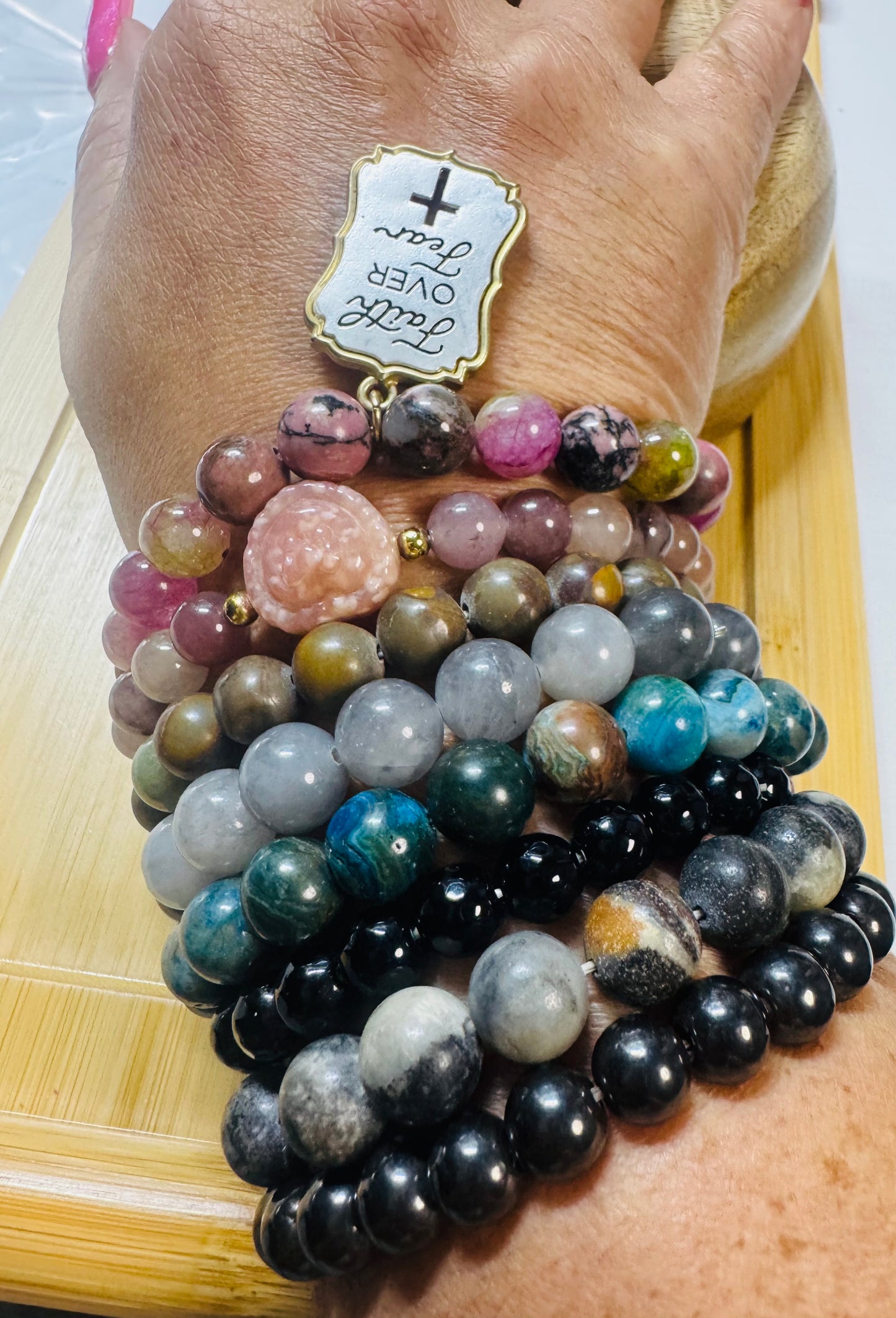 8 Custom-made eight natural stone bracelet stack  ￼