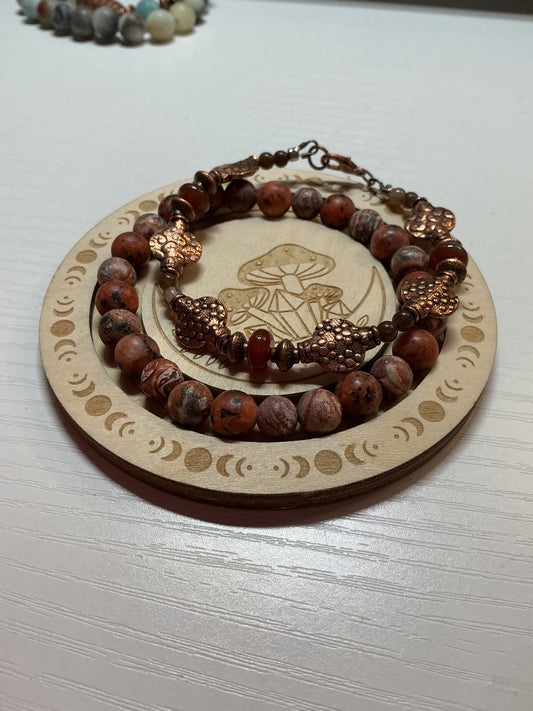 Custom-made one of a kind copper bracelet set with natural stones
