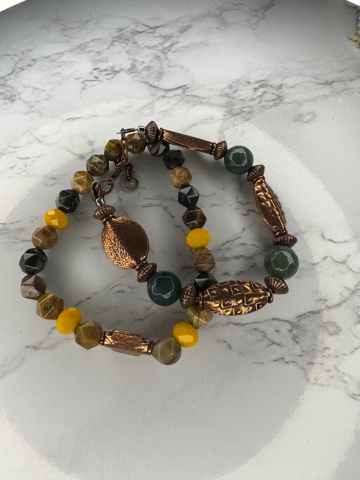 Copper bracelet stack with natural stones