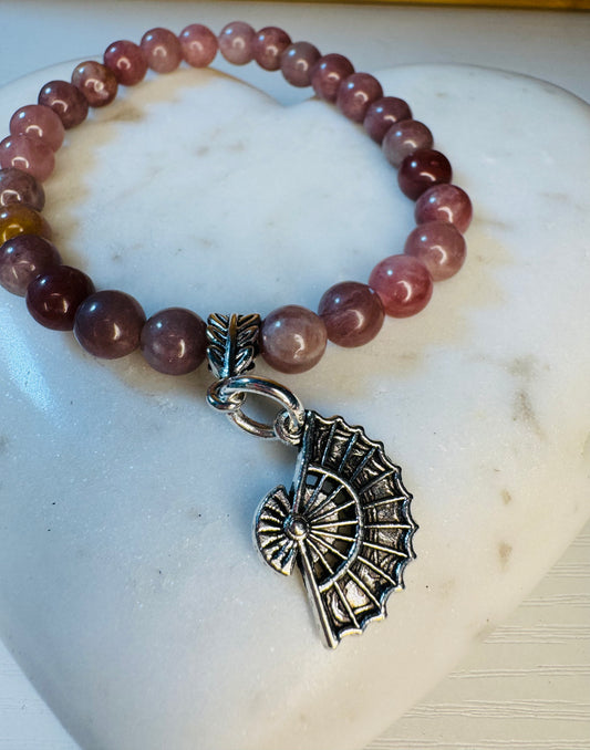 Strawberry Quartz bracelet with fan charm 8 mm beads