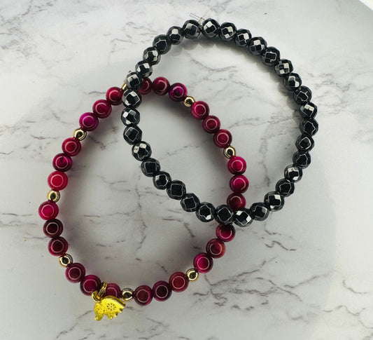 Natural stone bracelet set with good luck charm