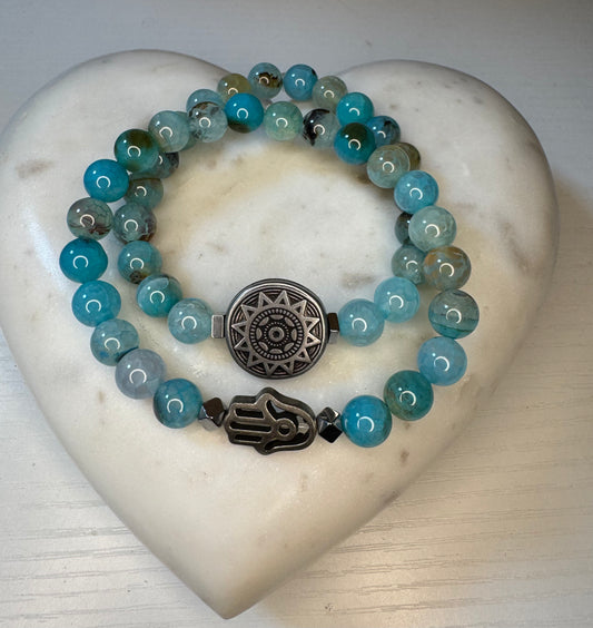 Aquamarine agate bracelet 8 mm beads set