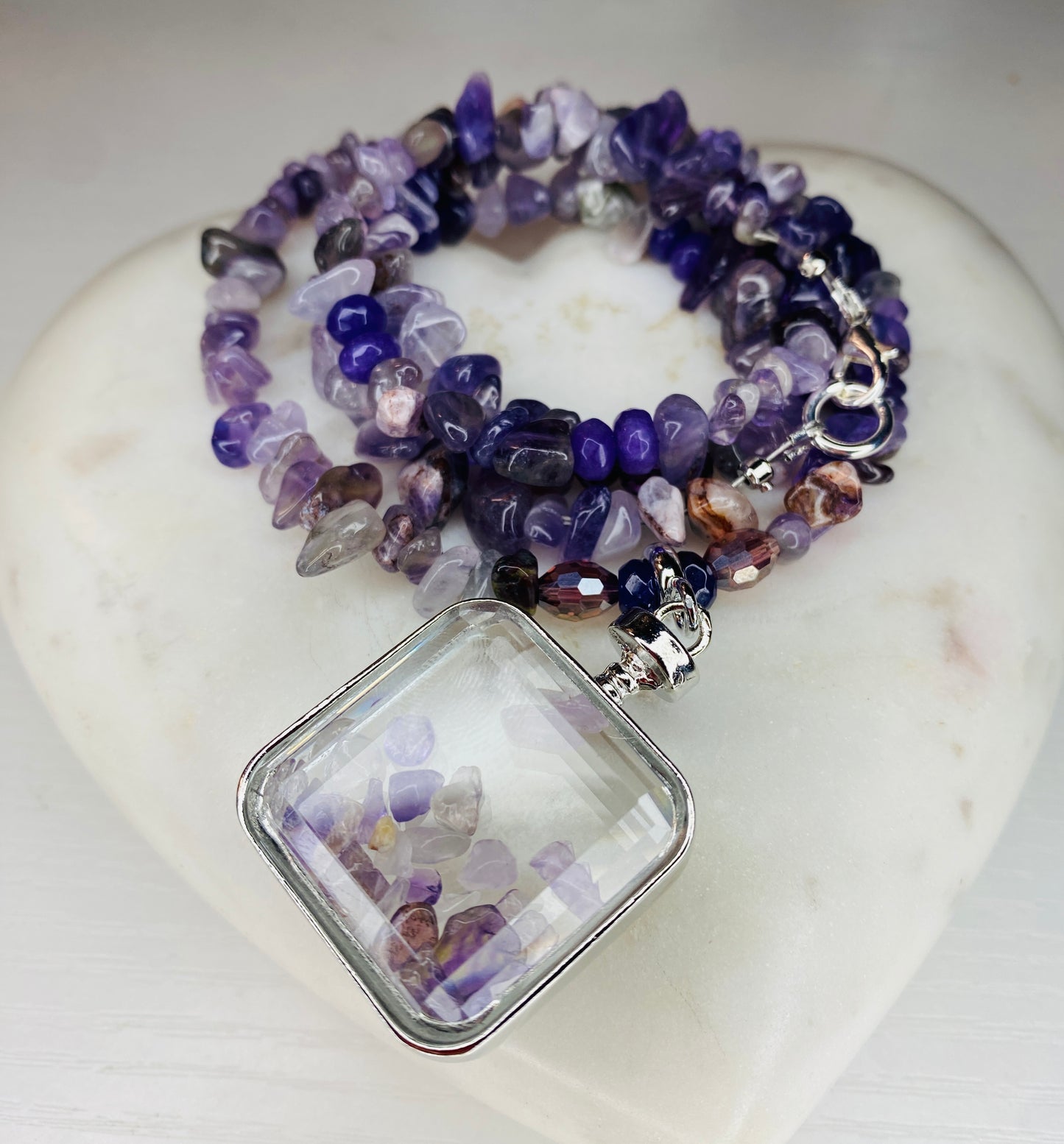 Amethyst stone necklace with perfume, amethyst bottle, charm ￼