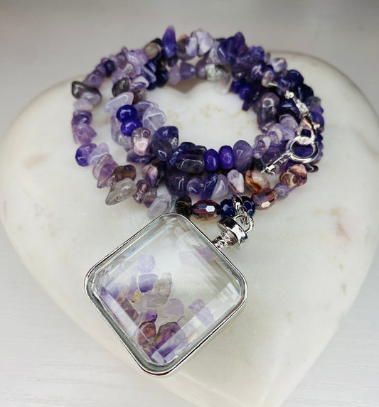 Amethyst stone necklace with perfume, amethyst bottle, charm ￼