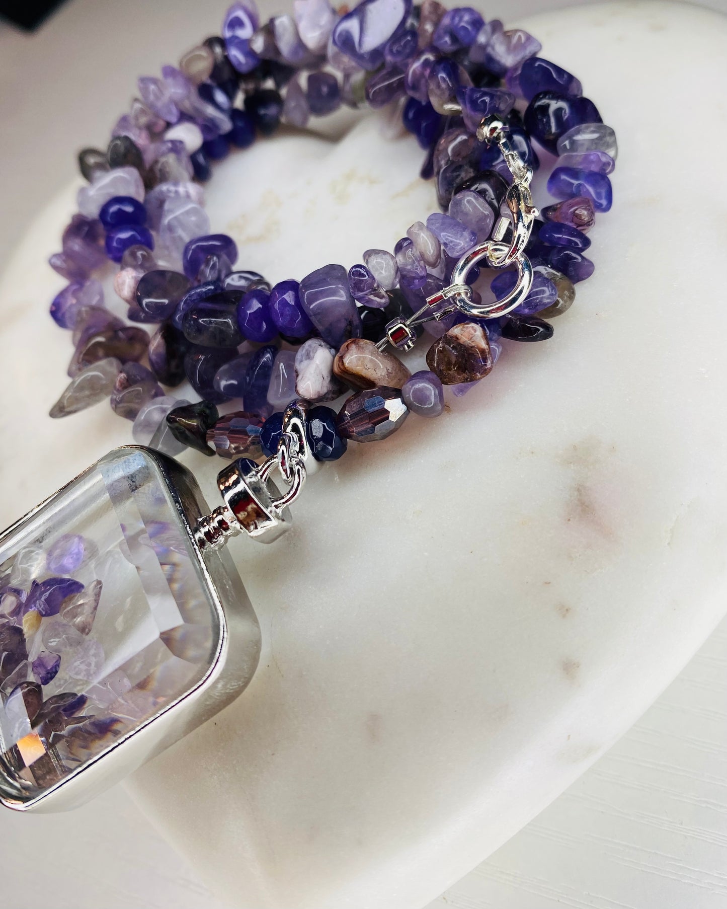 Amethyst stone necklace with perfume, amethyst bottle, charm ￼